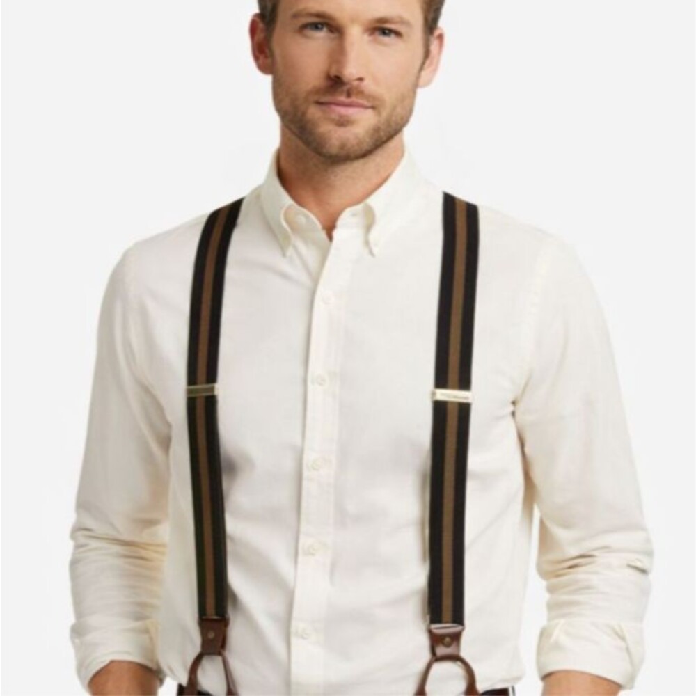 Cole Haan Suspenders Stretch Brown Burgundy Black Striped w/Leather Button Brace